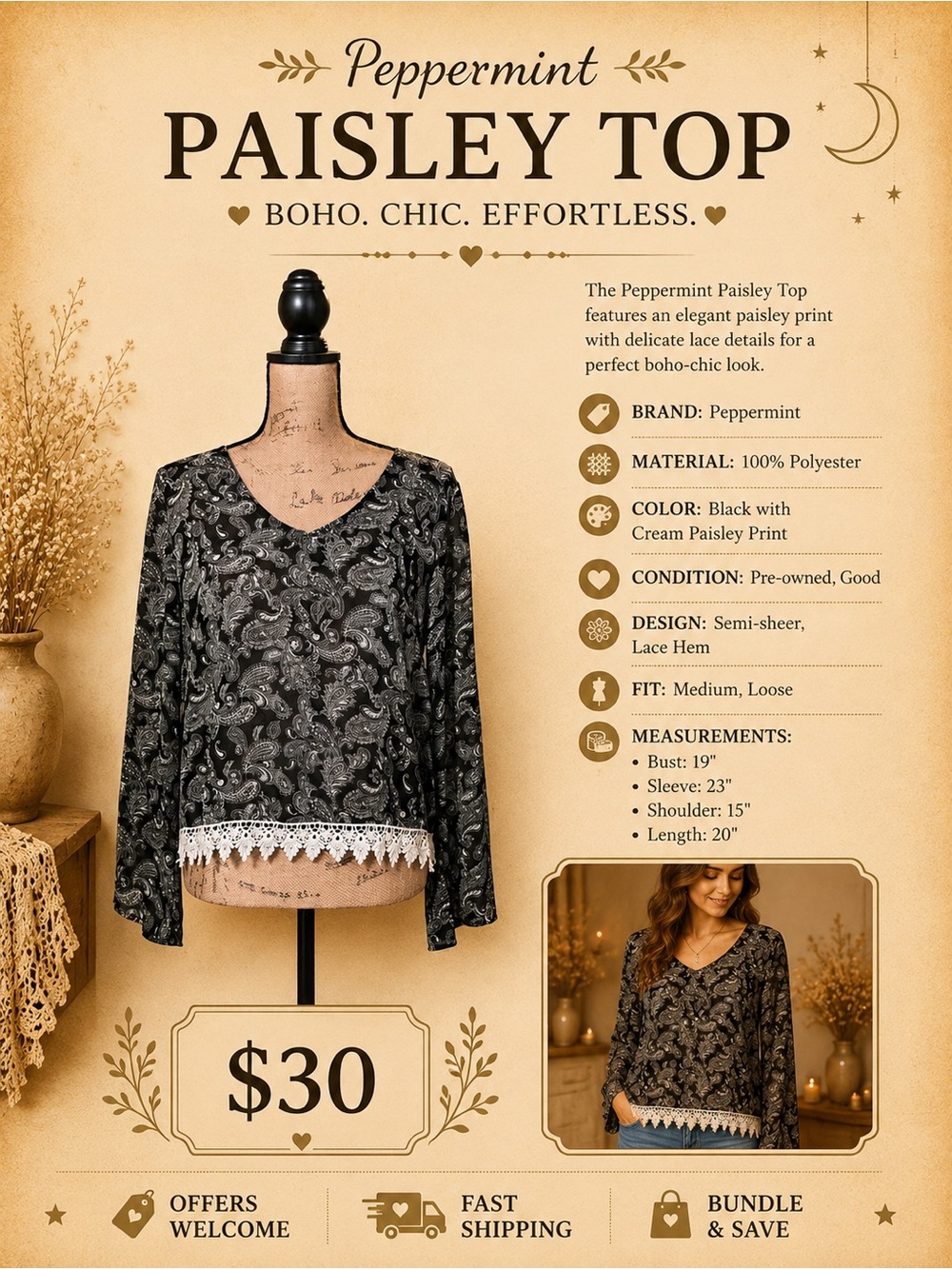 Peppermint Paisley Lace Hem Boho Top